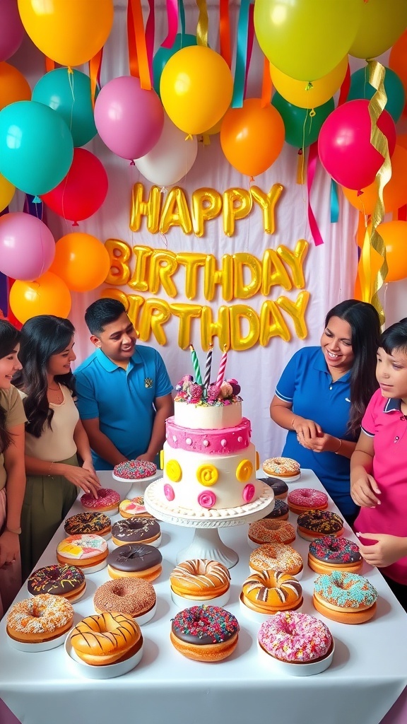 A festive birthday party table with assorted colorful donuts, decorations, and a donut cake.